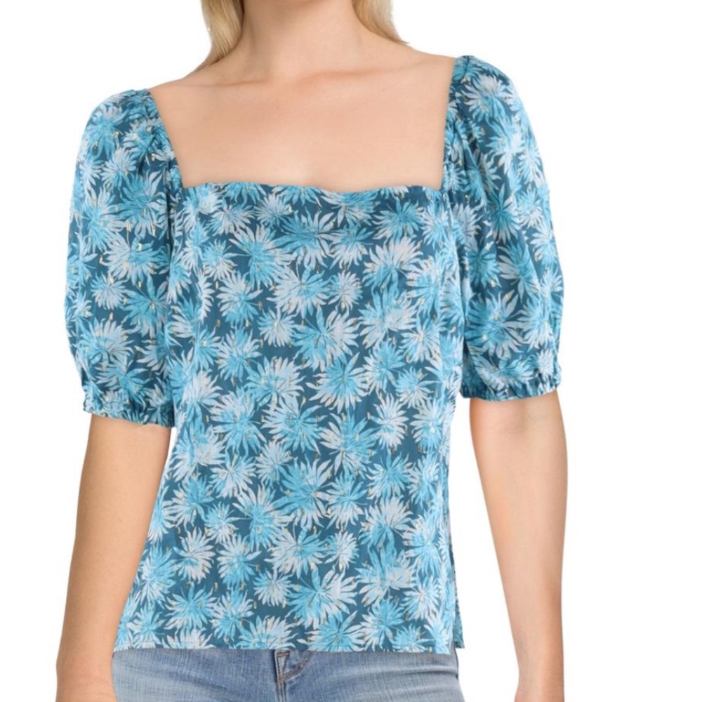 Michael Kors Blue and Gold Floral Puff Sleeve Blouse Size Large NEW